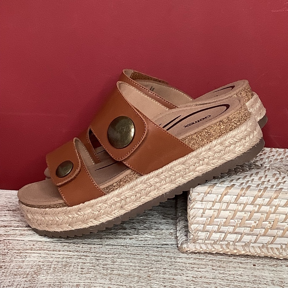AETREX Sofie Cognac Leather Platform Sandals Jute Trim Arch Support Memo… - Picture 13 of 16